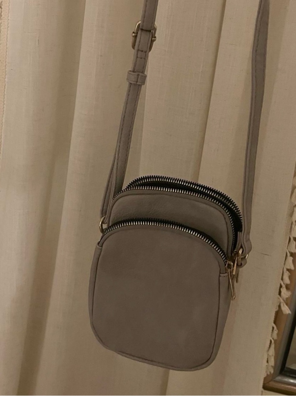 Compact Taupe Crossbody Bag with Dual Zip Compartments